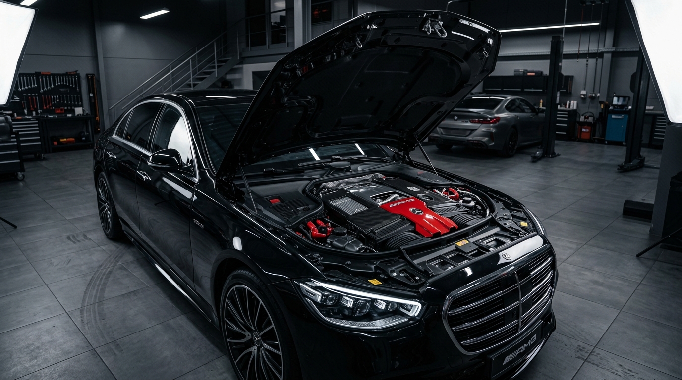 Luxury Car with Open Bonnet and High Performance Engine